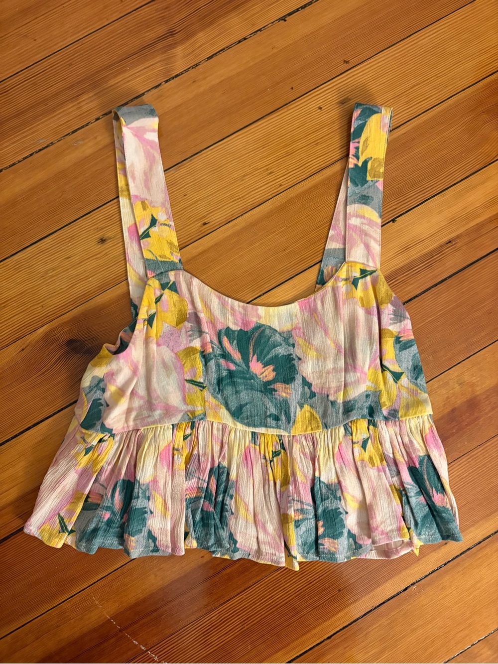 Floral Ruffled Crop Tank Top in Pink, Yellow & Teal